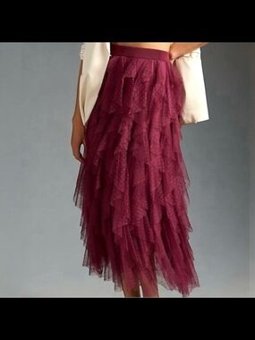 By Anthropologie Burgundy Layered Tulle Midi Skirt